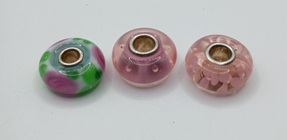 Vintage Trollbeads Glass Bead Lot – 3 Pink & Floral Sterling Core Charms
